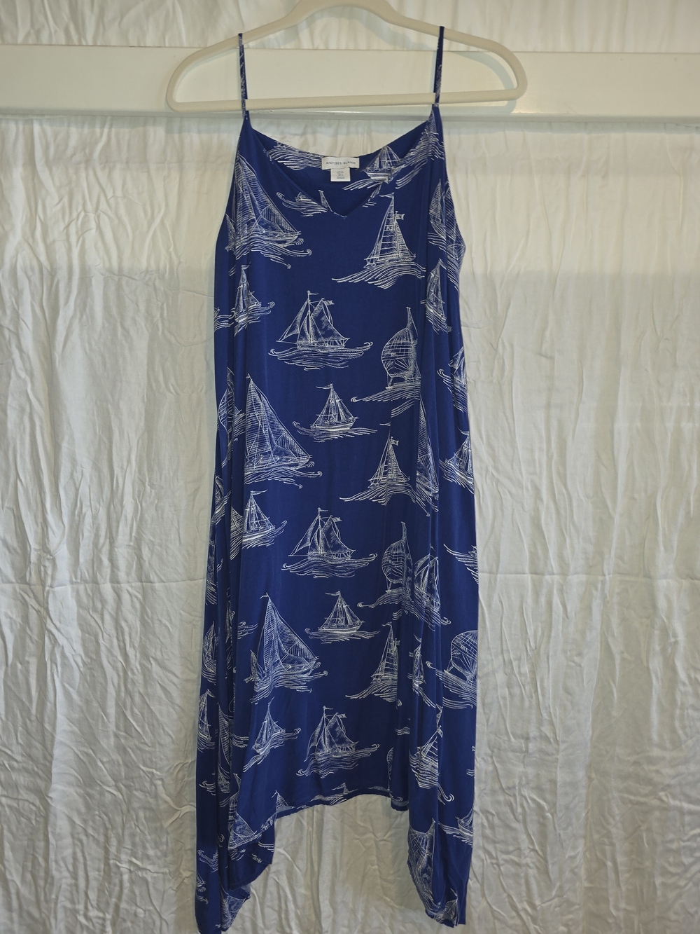 Navy Sailboat Asymmetrical Slip Dress with Spaghetti Straps